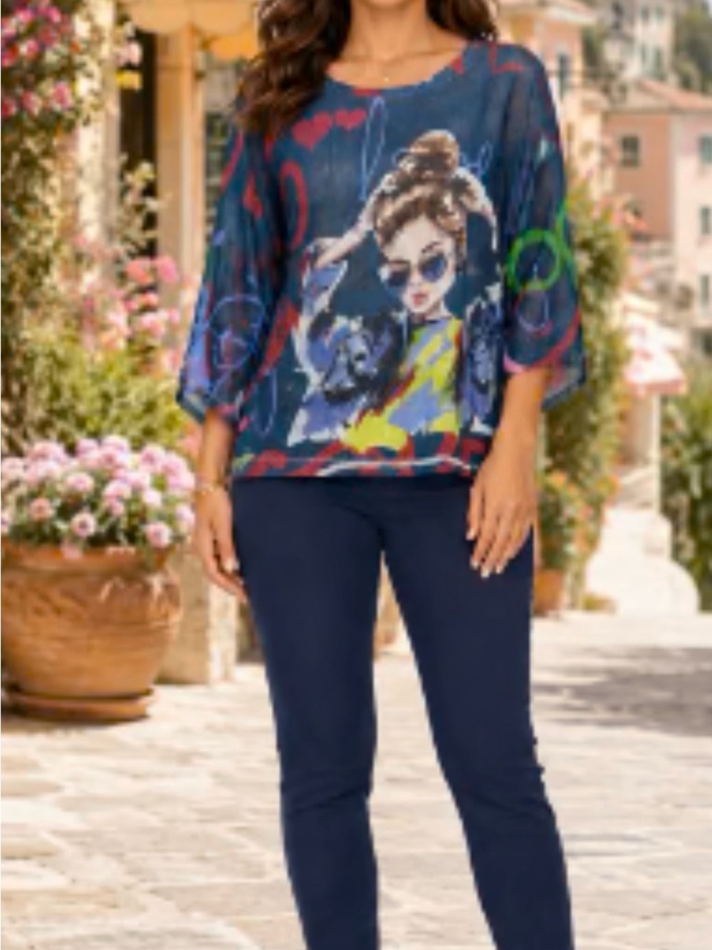 #922 Moda International Navy Printed Scoop Neck Sweater with Multicolor Art. NWT